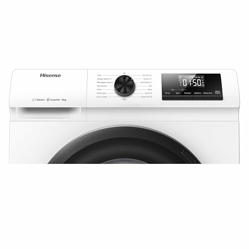 Front view of a Hisense washing machine with digital display.