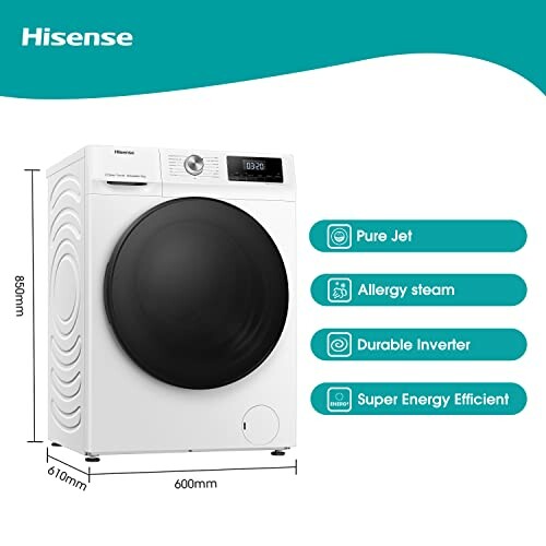 Hisense washing machine with features listed.