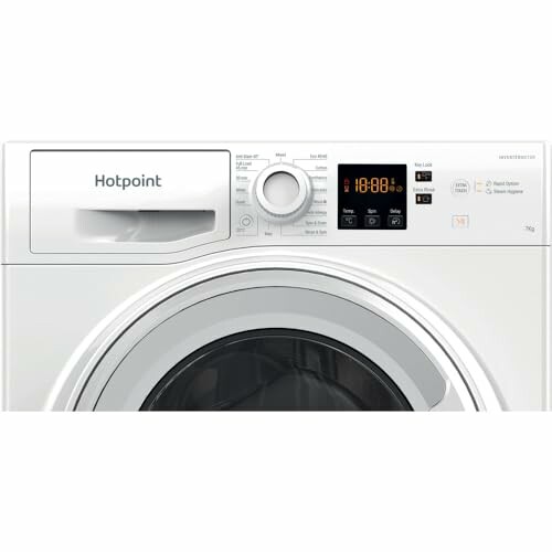 Front view of Hotpoint washing machine with digital display.