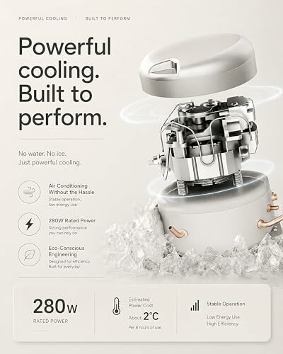 Cooling system with compressor above ice, emphasizing no water use and energy efficiency.