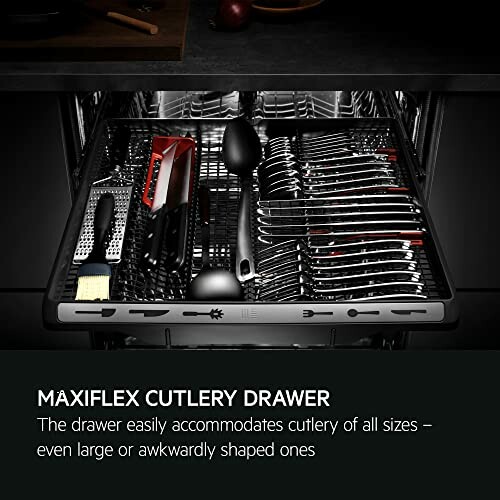 MaxiFlex cutlery drawer with various utensils in dishwasher.