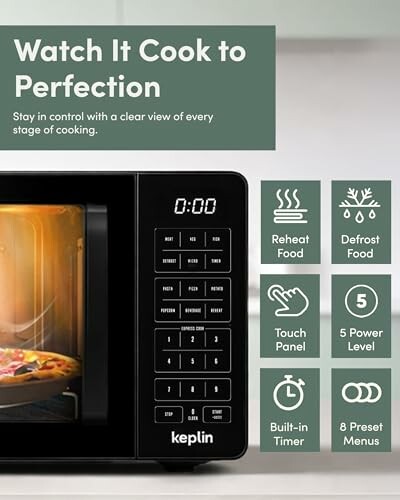 Microwave with features like reheat, defrost, touch panel, power levels, timer, and preset menus.