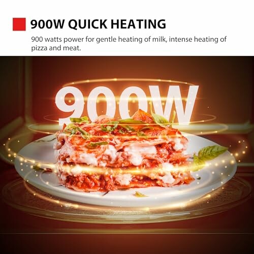 Microwave showcasing 900W quick heating for food.