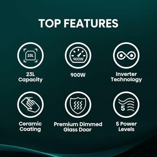 Microwave top features: 23L capacity, 900W, inverter technology, ceramic coating, premium dimmed glass door, 5 power levels.