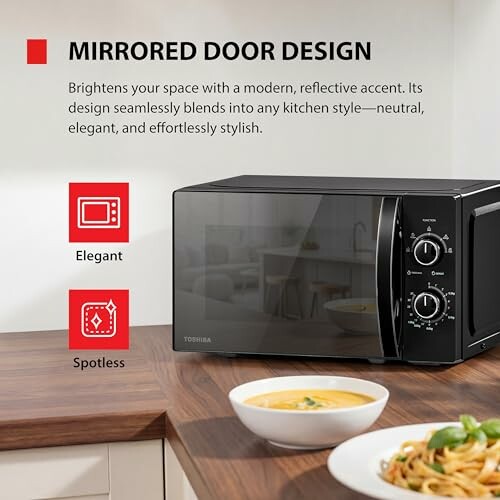Microwave with mirrored door on kitchen counter and design features highlighted.