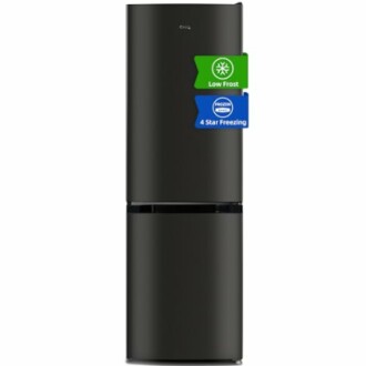Black refrigerator with low frost and 4 star freezing labels.