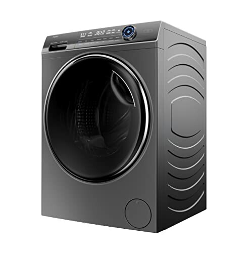 Modern black washing machine with digital controls