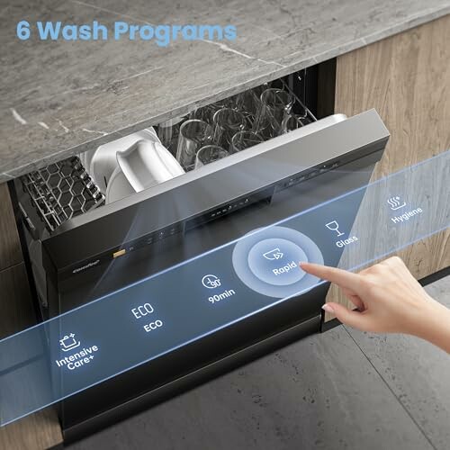 Person selecting rapid wash program on a dishwasher control panel.