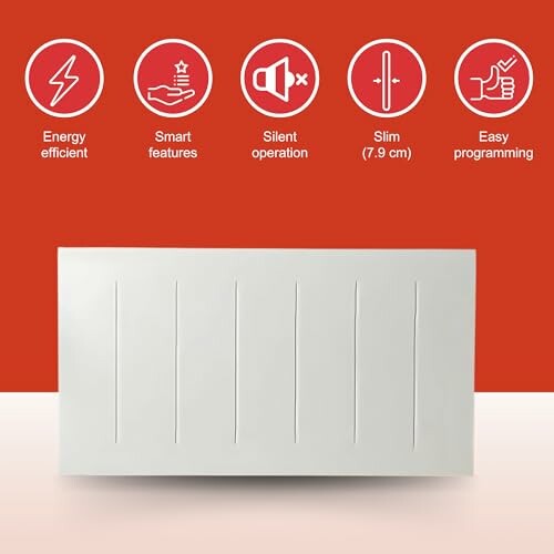 Modern heater with energy-efficient, smart features, silent operation, slim design, easy programming.