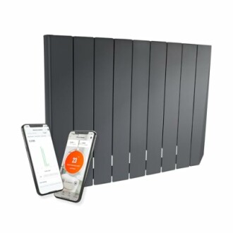Modern wall-mounted heater with smartphone app control.