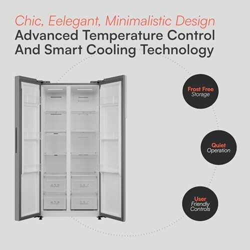 Open refrigerator showcasing advanced features like frost free storage, quiet operation, and user-friendly controls.