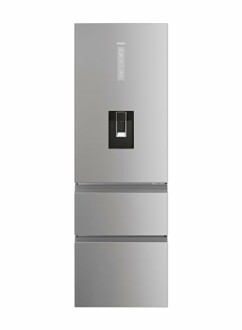 Modern silver refrigerator with two lower drawers and water dispenser