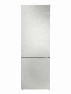 Tall stainless steel refrigerator with bottom freezer.