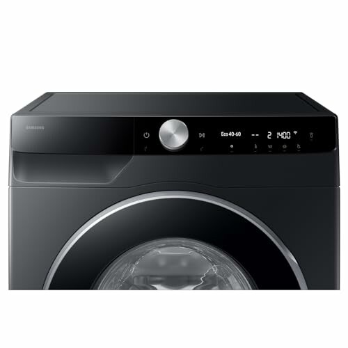 Front view of a modern black washing machine with open door