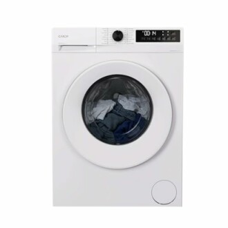 Front-loading washing machine with clothes inside.