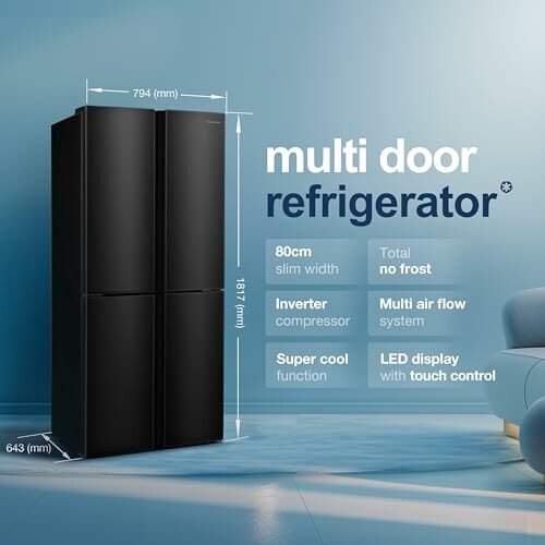 Black multi-door refrigerator with features listed.