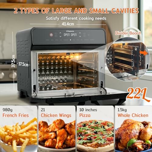 Multifunctional oven with various cooking options and dimensions.