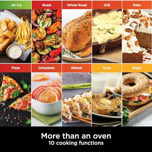 Image showing 10 cooking functions: Air Fry, Roast, Whole Roast, Grill, Bake, Pizza, Dehydrate, Reheat, Toast, Bagel.