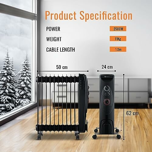 Oil heater specifications with power, weight, and cable length