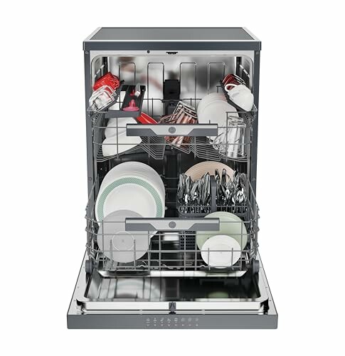 Open dishwasher filled with clean dishes and utensils.