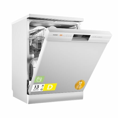 Open dishwasher with dishes inside.