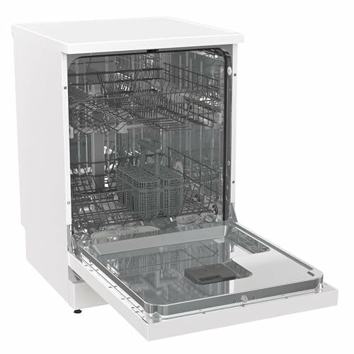 Open dishwasher showing empty racks and silverware basket