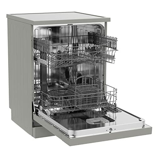 Open dishwasher with visible racks and compartments