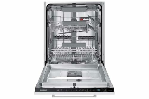 Open dishwasher showing empty racks.