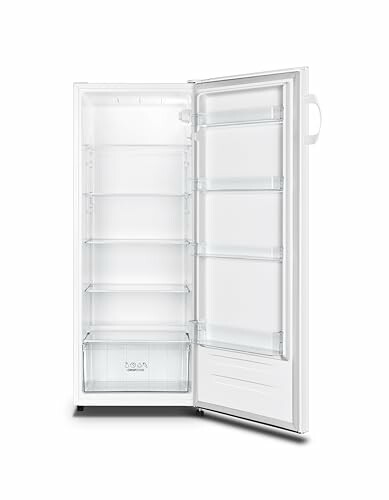 Open empty refrigerator with shelves and door compartments.