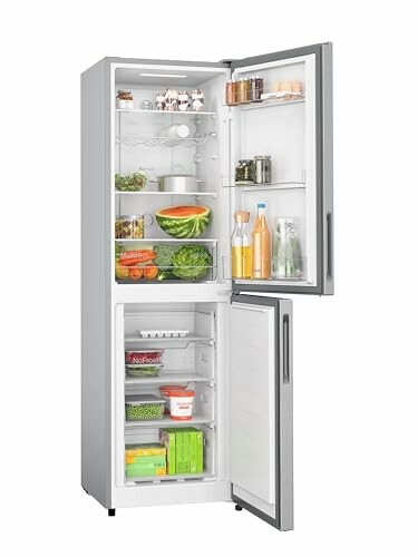 Open refrigerator filled with various food items and beverages