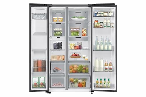 Open refrigerator filled with various food items and drinks