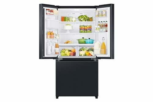 Open refrigerator filled with various foods and beverages.