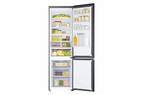 Open refrigerator with various food items inside