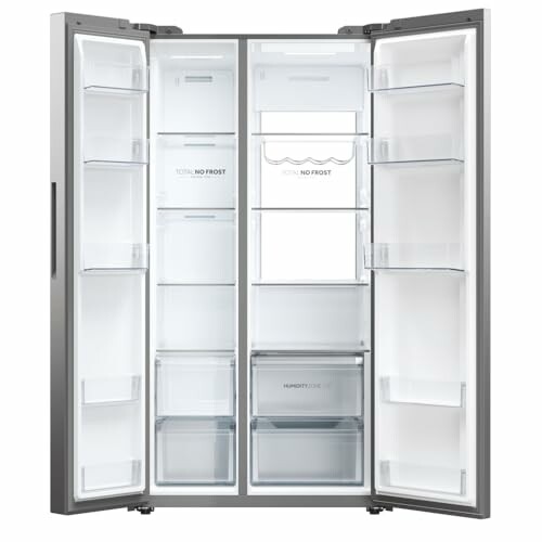 Open stainless steel refrigerator with empty shelves
