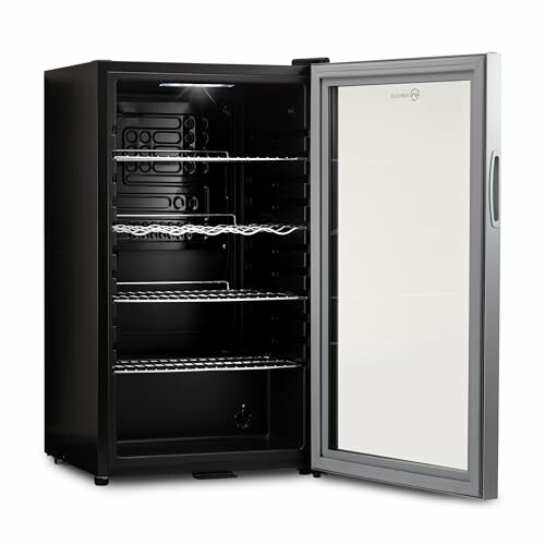 Open wine cooler with glass door and empty shelves.