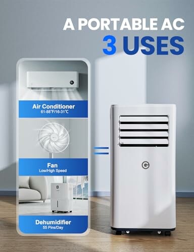 Portable AC with air conditioner, fan, and dehumidifier functions.