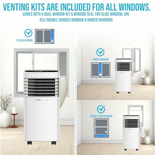 Portable air conditioner with venting kits for sliding, hinged, and double-hung windows.