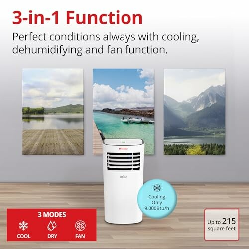 Portable air conditioner with 3-in-1 function for cooling, dehumidifying, and fan modes.