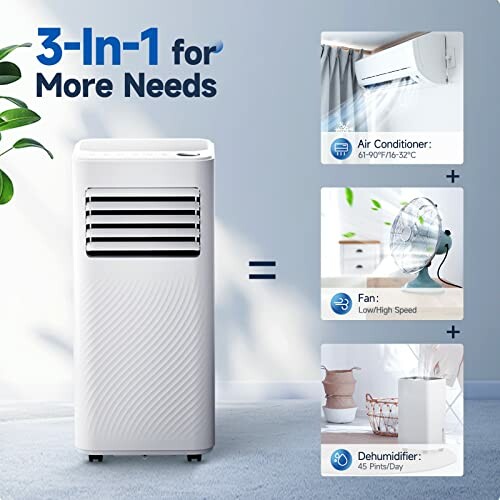 Portable air conditioner with 3-in-1 features: air conditioner, fan, dehumidifier.