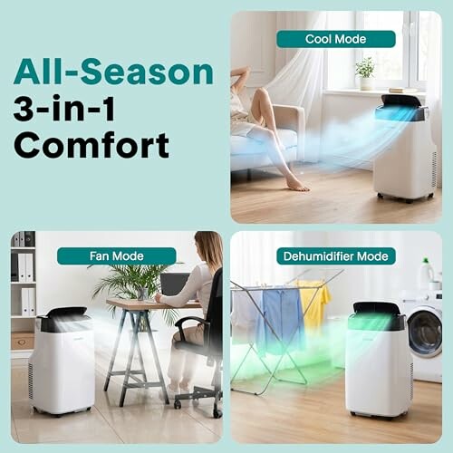 Portable air conditioner with cool, fan, and dehumidifier modes in a home setting.