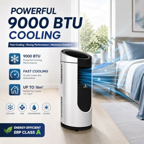 Portable air conditioner with 9000 BTU cooling capacity, ideal for rooms up to 16m².