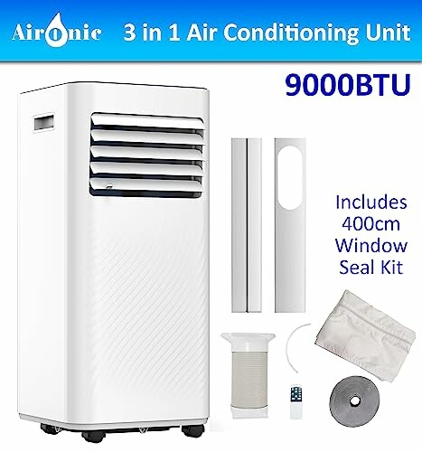 9000 BTU portable air conditioner with window seal kit and remote control.