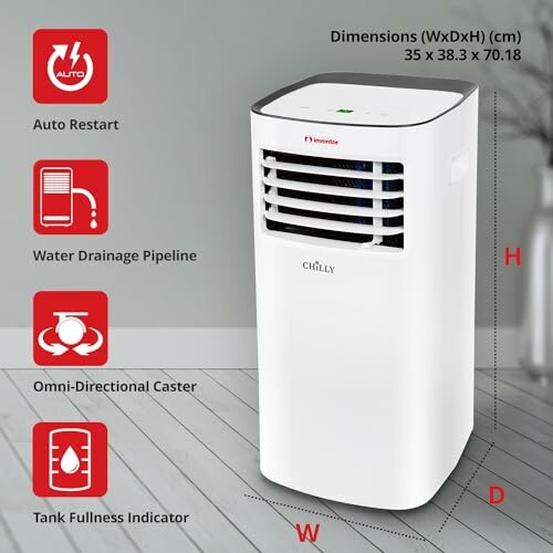 Portable air conditioner with features like auto restart, water drainage pipeline, omni-directional caster, and tank fullness indicator.