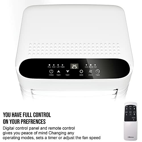 Top view of a portable air conditioner with digital control panel and remote.