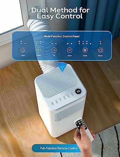 Portable air conditioner with remote and control panel.