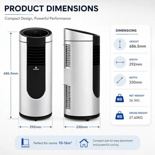 Dimensions and features of a portable air conditioner.