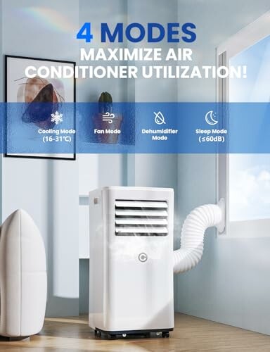 Portable air conditioner with four modes: cooling, fan, dehumidifier, and sleep.