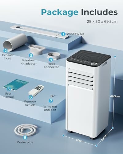 Contents of portable air conditioner package with dimensions.