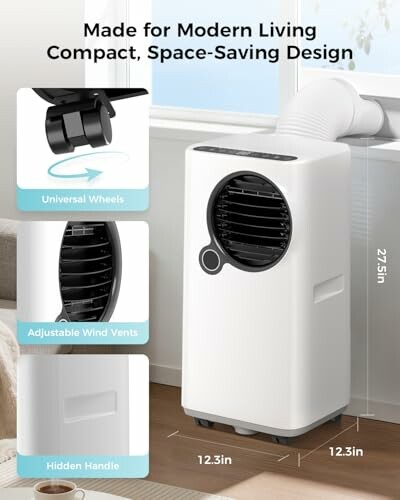 Compact portable air conditioner with universal wheels and adjustable vents.