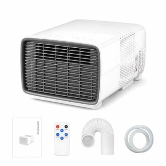 Portable air conditioner with remote and accessories.